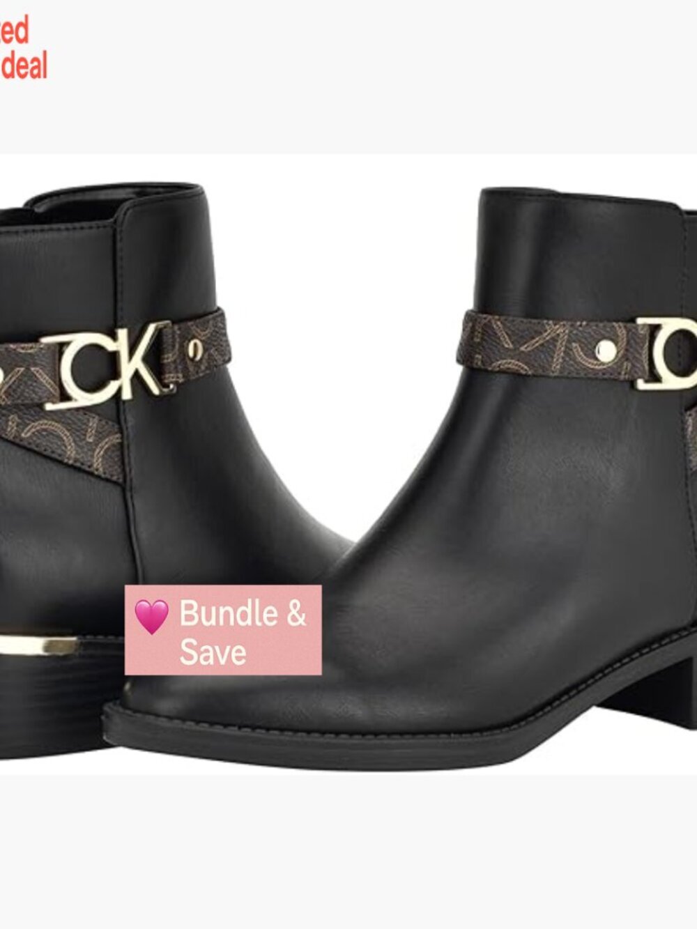 Almond Toe Mid Block Heel Zip Bootie with Logo Detail